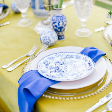Pebble Stainless, Royal Blue Economy, Blush Heirloom, Blue Corsica Salad Plate - Rachel Driskell Photography