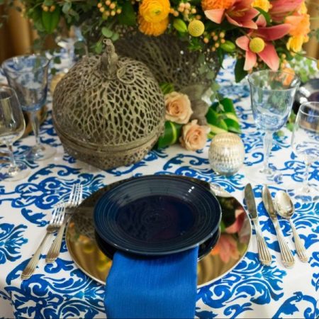 Blue Batik linen, Fiesta Salad Plate, Stainless Steel Charger, Parisian Flatware