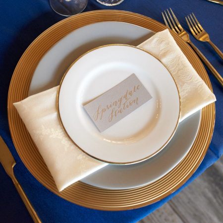 Gold Concentric Charger, Gold Rim Plate, White and Gold Poly Brocade Napkin