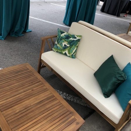Morgan Patio Sofa and Coffee Table with Tropical Pillows