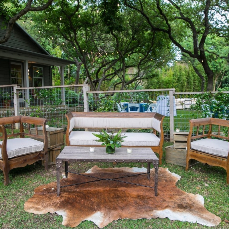 Mission Furniture, Cowhide Rug, Austin Coffee Table