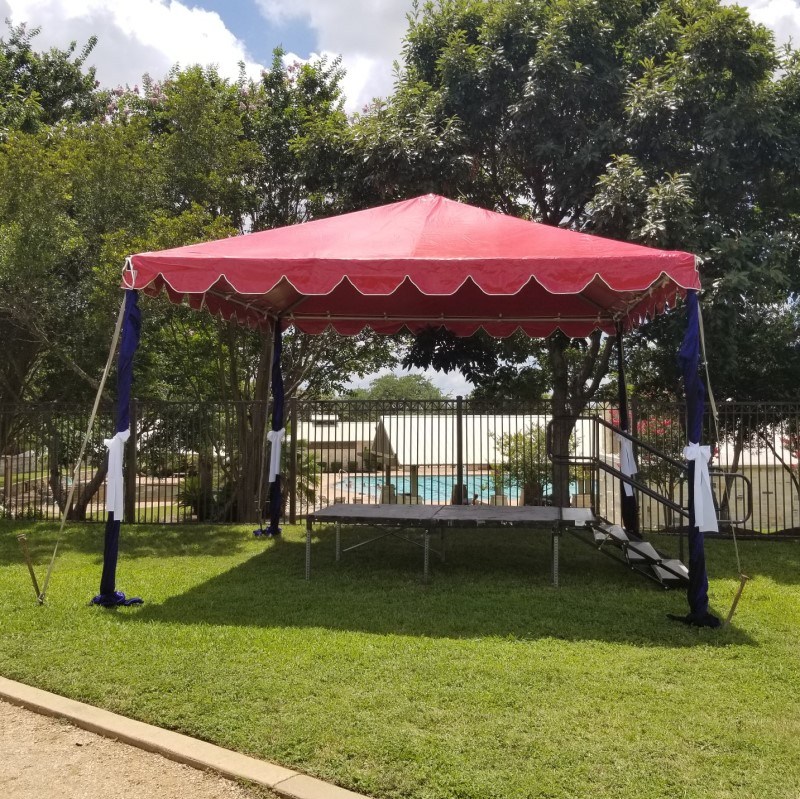 Red Frame Tent with Blue Drapes and Biljax Stage