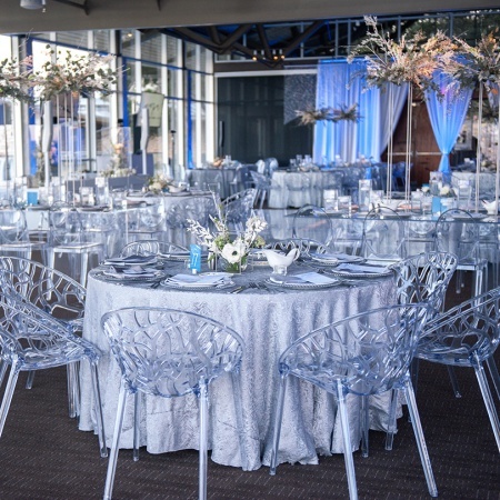 Reef Acrylic Chairs and Platinum Shalimar Linen Rentals