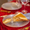 Gold Satin Napkin, Silver Glitter Charger, and Apple Sequin Linen