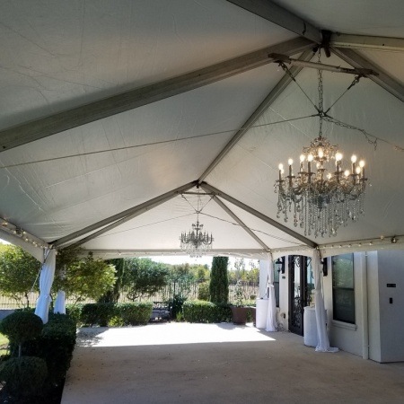 Crystal Tent Chandliers and Leg Drapes
