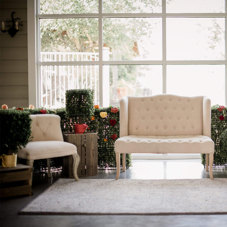 Cream Vintage Loveseat, Cute As a Button Chair, Boxwood Hedges and Topiary