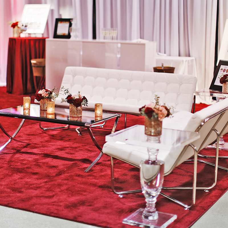 Burgundy Carpet, Rectangle Coffee Table, Tufted Loft Sofa