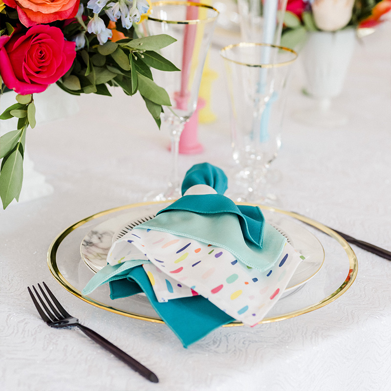 Gold Band Charger, Teal Economy, Caribbean Majestic Napkin Rentals
