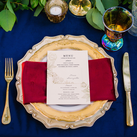 Savoy Flatware, Vanessa Gold Dinner Plate, Merlot Velvet Napkin