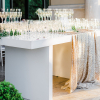 White Tres Chic Table, Excalibur Champagne Flute, Champagne Taffeta Sequin