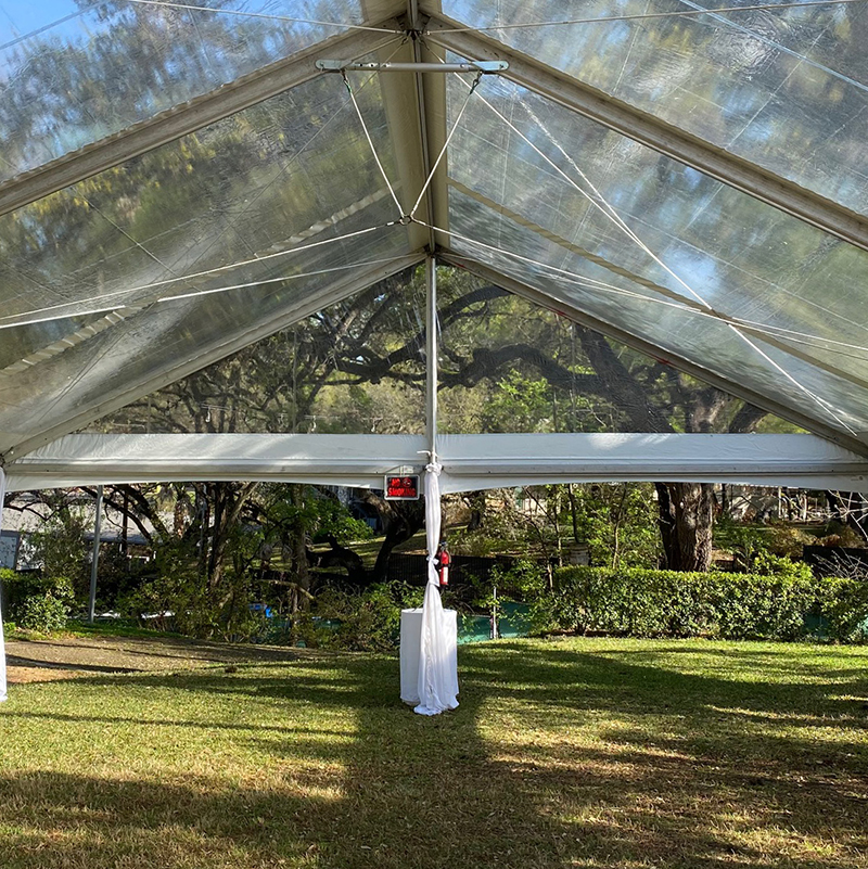 Clear Top 30x40 Tent with Leg Drapes, White Barrel Covers, No Smoking Sign and Fire Extinguisher