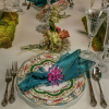 Gatsby Etched Crystal Glassware & Blue and Green Antoinette China