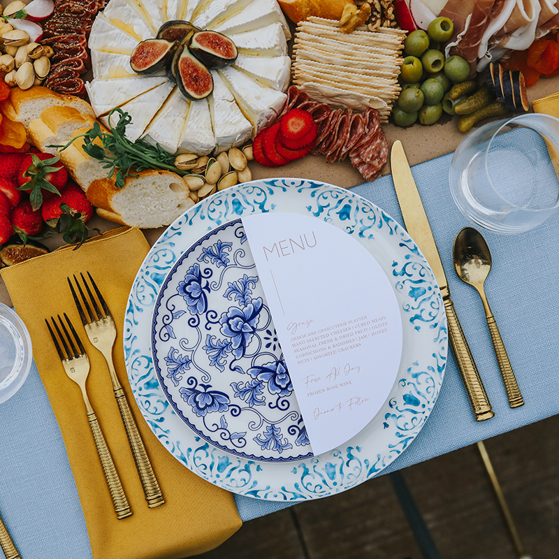 Corsica Salad Plate, Azure Dinner Plate, Gold Vivi Flatware, Gold Economy Napkin, Sky Panama Linen
