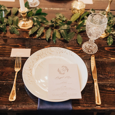 Jasmine Dinner Plate, Savoy Gold Flatware, Clear Carousel Goblet