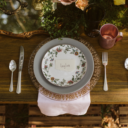 Light Pink Cottonique Napkin, Samantha Rose Gold Charger, Tara Salad Plate, Vintage Silver Flatware