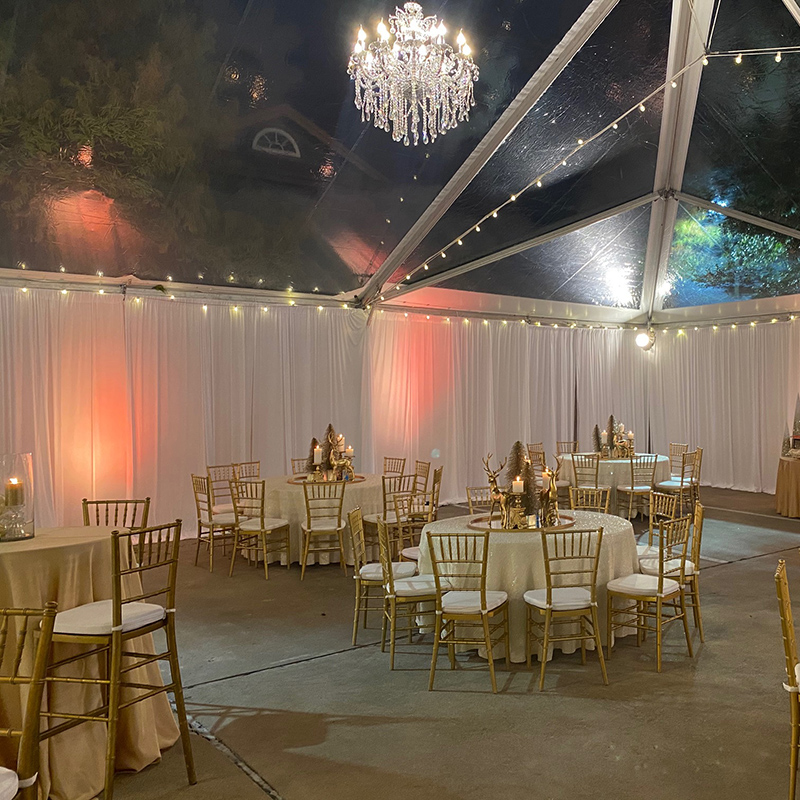 Clear Structure Tent with Chandelier, lighting, and draping