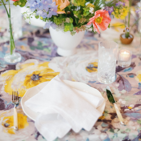 Eleanor Dinner Plate, Ivory Pearl Flatware, Le Jardin Yellow Rose - Paige Vaughn Photo