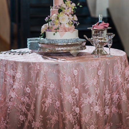Blush Lace Overlay over Champagne Metallic Burlap and 18in round Silver Cake Stand