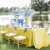Sunshine Velvet, Gold Chiavaris with White Chair Pads with Velcro, Hammered Calla Lily Vase