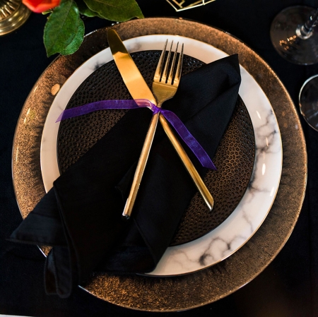 Marble Coupe with Gold Rim, Cobble Salad Plate, Orizzonte Charger - Rachel Driskel Photography