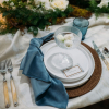 IVORY PEARL FLATWARE, KALEB COTTON PLATES, DARK WALNUT RATTAN CHARGER, BLUE SOCO, EVE COUPESAN ANGEL PHOTOGRAPHY