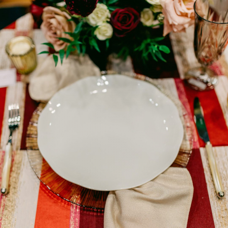 Metropolitan Red, Ivory Pearl Flatware, Eleanor Dinner Plate, Gold Sunburst Charger - Katelyn Elaine