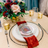 Stainless Hampton, Black Rim Clear Glass Charger, Kaleb Cotton Dinner Plate, Lorelei Salad Plate, Merlot Velvet Napkin, Gold Luxury Bark - Katelyn Elaine