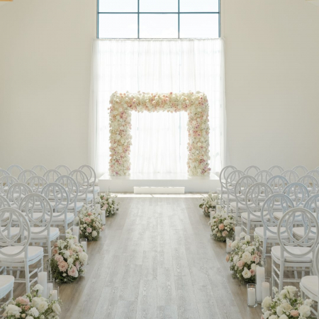 WHITE VOILE DRAPING, WHITE LUCITE STAGE - GRACIE BYRD JONES