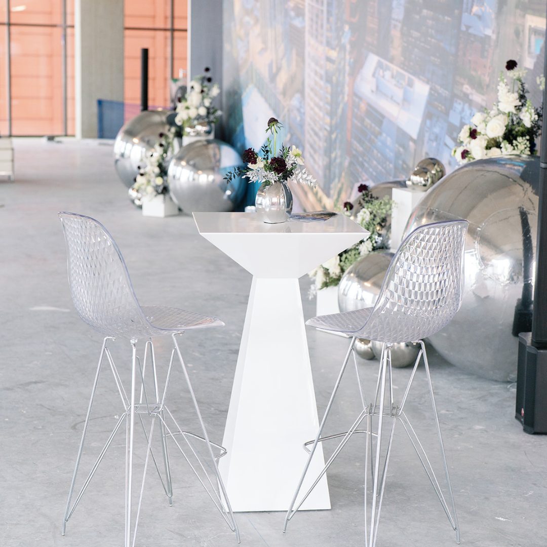 White Louis Chair - Clear Back  Vision Furniture Event Rentals