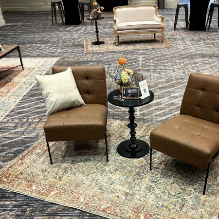 Armless Brown Studio Chairs, Black Spindle End Table, Maya Rug - The Hilton College Station Conference Center