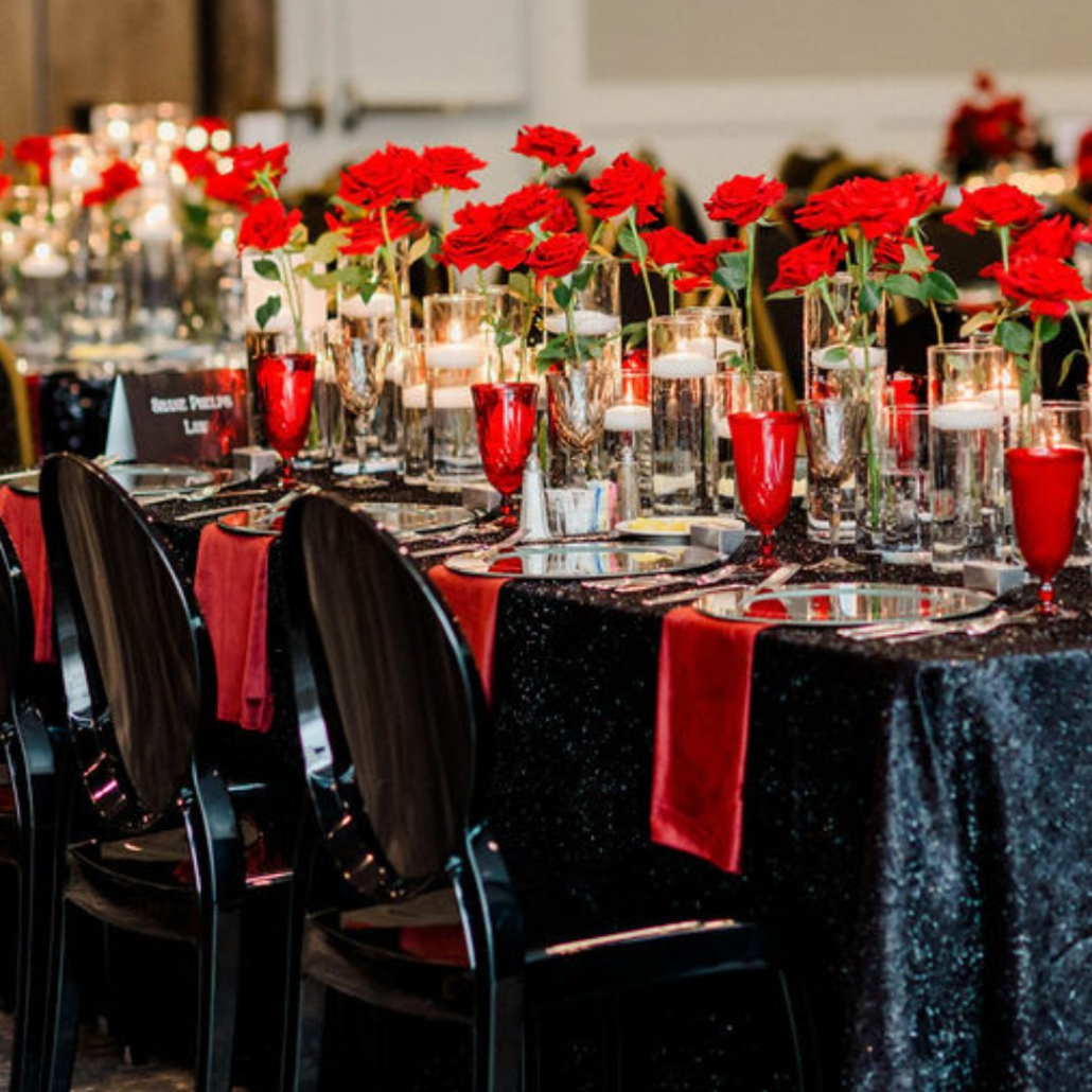 Shalimar Black + Sophia Black Ghost Chair +Melodia Cranberry + Crush Red Napkin - Rachel Driskell
