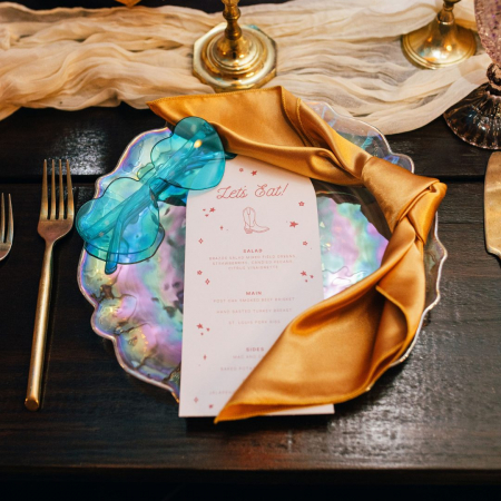 Lorelei Iridescent Dinner Plate, Gold Satin Napkin -Nicole Ryan Photo - Camino Real Ranch
