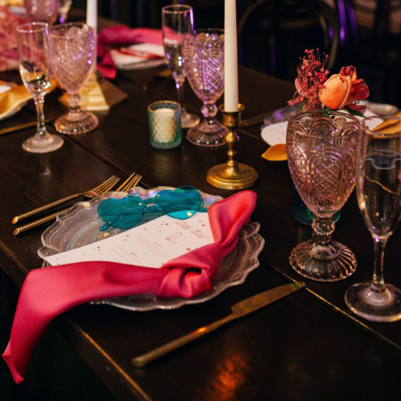 Lorelei Iridescent Dinner Plate, Matte Satin Hot Pink Napkin -Nicole Ryan Photo - Camino Real Ranch
