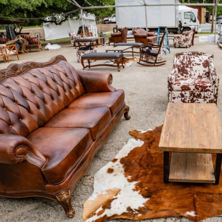 Ranch Sofa, Cow Hide, Austin Coffee Table, Cow Print Chair - Live Fire, Camp Mabry