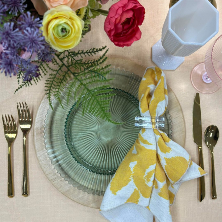 Archie Verde + Wood Charger + Neo Capri Gold + Collette Milk Goblet + Lucite Napkin Ring + Buttercup Panama + Raw Silk Yellow