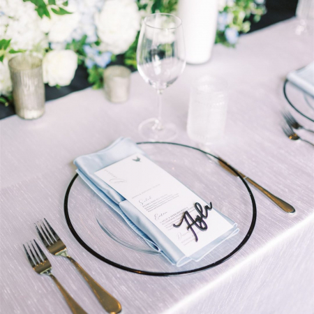 White Dupioni, Black Rim Clear Glass Charger - Lacey and Lee Photography - Hotel ZaZa