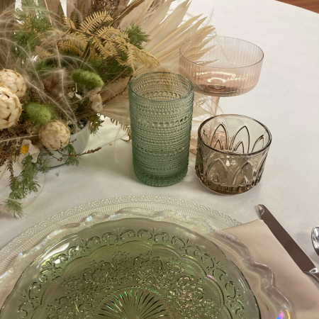 Monaco White + Lace Charger + Marie Fern + Iridescent Dinner Plate + Eve Coupe Beige + Crystal Lowball + Olivia Sage