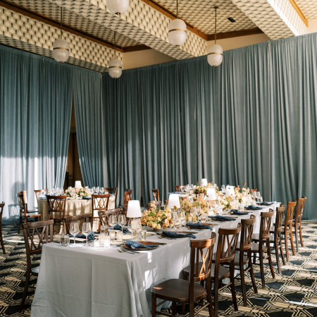 21' Velvet Azure Drape, Da Vinci Chair, Mahogony Charger -Ann Mark Photography - Austin Proper Hotel