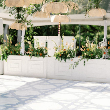 30X40 CLEAR TOP TENT, WHITE TRADITIONS STAGE FACADE, VINYL DANCE FLOOR -Ann Mark Photography - Laguna Glora