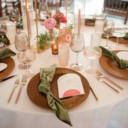 Dark Walnut Rattan Charger, Velvet Leaf Napkin, Eve Beige Glassware- Morgan Sessions Photography - Hotel Ella