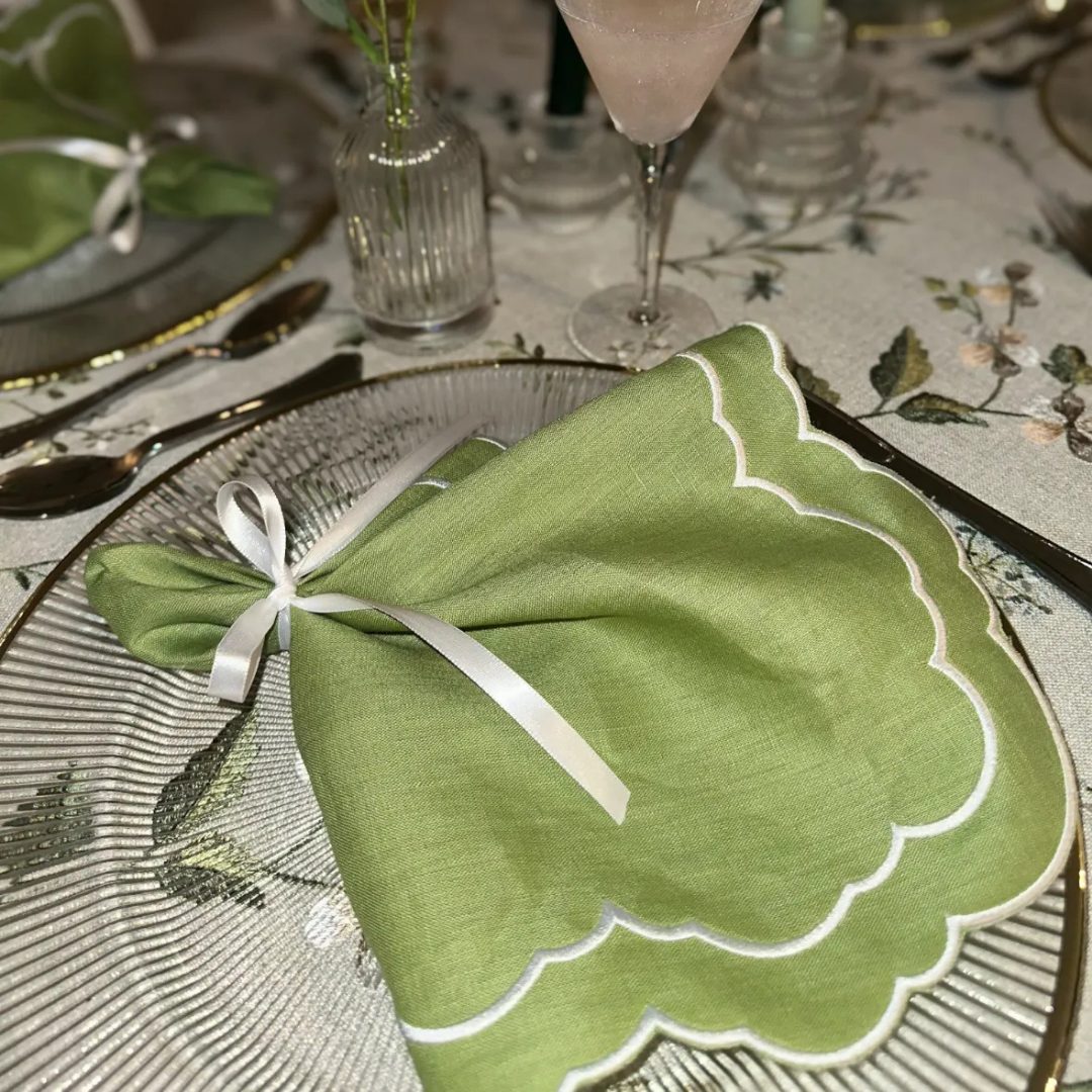 Garden Green Scalloped Napkin + Gold Rim Charger - House of Hough